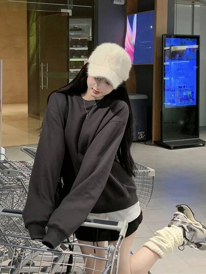 女式休闲撞色拼布落肩运动衫