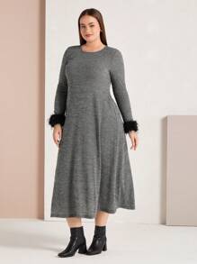 Mulvari Plus Size Women'S Patchwork Sleeve Cuff Round Neck Dress - Grey - View 2
