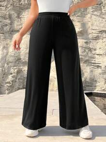 SHEIN EZwear Plus Size Black Knitted High-Waist Wide-Leg Pants - Black - View 3