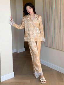 DAZY Flower Patchwork Edge Detail Long Sleeve Pajama Set