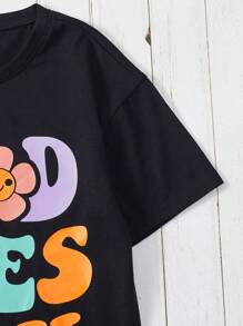 Camiseta gráfica con flores y lema para niñas preadolescentes - Negro - Ver 6