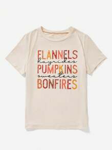 SHEIN LUNE 標語圖案T恤 - 杏色 - 查看 1