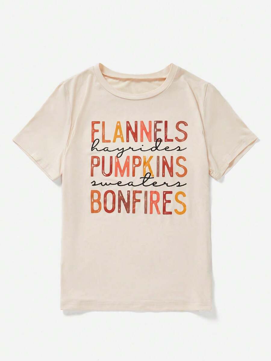 SHEIN LUNE 標語圖案T恤 - 杏色 - 查看 1