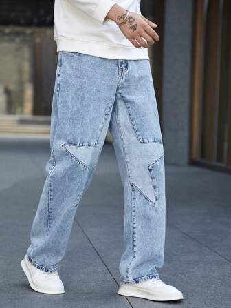 Jeans pour homme à poches en biais, coupe ample et longue, bleu uni, lavage clair, style cargo pour les soirées décontractées avec des amis