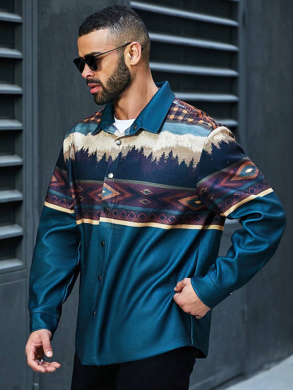 Men'S Plus Size Geometric Print Short Sleeve Casual Shacket