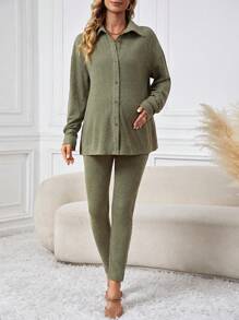 SHEIN Thai sản Dài Áo Và Vòng eo có thể điều chỉnh Đáy Hai chiếc Bộ - màu xanh lá - Xem 3