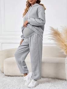 SHEIN Thai sản Màu thuần áo có mũ Giải trí Bộ Với Vòng eo có thể điều chỉnh - Màu Xám nhạt - Xem 4