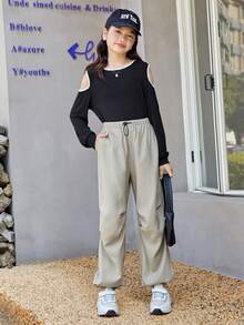 SHEIN Tween 女孩針織色塊圓領休閒上衣和梭織純色抽繩慢跑褲 2 件套 - 黑色 - 查看 4