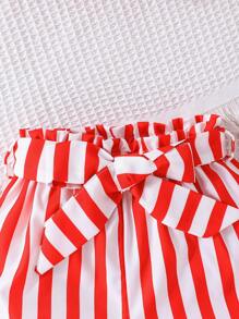 SHEIN Young Girl Monochromatic Vest Top With Belted Striped Shorts Outfit - Red - View 4