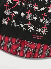 ROMWE MEN Goth Moletom com Capuz Masculino com Estampa de Aranha, Retalhos e Xadrez, Cordão, Halloween