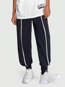 ROMWE MEN Prep 男款時尚抽繩翻邊褲,雙拉鍊設計,適合春夏 - 藏蓝色 - 查看 6