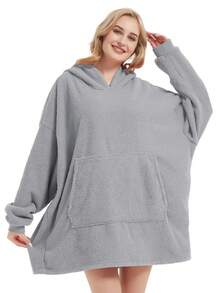 袋鼠口袋连帽运动衫，带 3D 耳朵装饰，舒适宽松中长休闲家居服，秋冬 - 灰色 - 查看 4