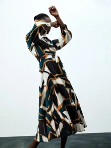 SHEIN BIZwear 隨機印花長袖連衣裙 - 彩色 - 查看 3