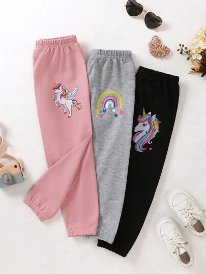 Genkimix Kids Young Girl 3pcs Casual Sports Unicorn Printed Jogger Pants With Elastic Waistband And Cuffs For Spring And Autumn Chic Outfits For Autumn/Winter