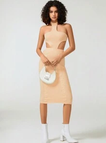 Château du Pearl 设计师露背领镂空粗针织优雅毛衣裙，适合节日、派对装、生日装、节庆、婚礼、舞会礼服 - 杏色 - 查看 3