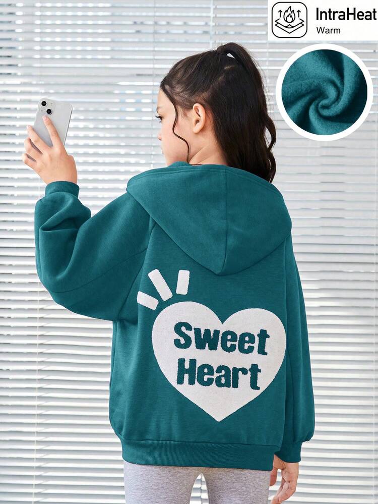 Tween Girls' Loose Fit Casual Fleece Pullover With Heart Pattern Print And Raglan Sleeve Design On The Back