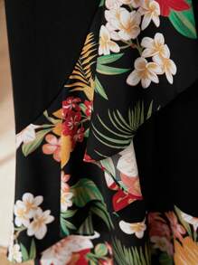 Seusyu Vestido Envolvente Estampado Floral Para Mujer Con Dobladillo De Volantes - Negro - Ver 6