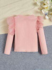 SHEIN Leap Crew 年轻女孩网眼撞色斗篷袖圆领长袖打底上衣 - 粉色 - 查看 2