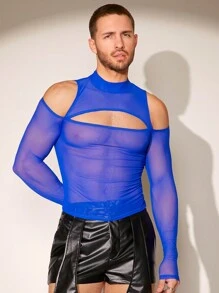 FeverCity Men'S Perspective Net Mesh T-Shirt With Hollow Out Detail - Royal Blue - View 1