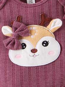 Baby Girls' Headband & Deer Printed Romper And Pants Set - Purple - View 4