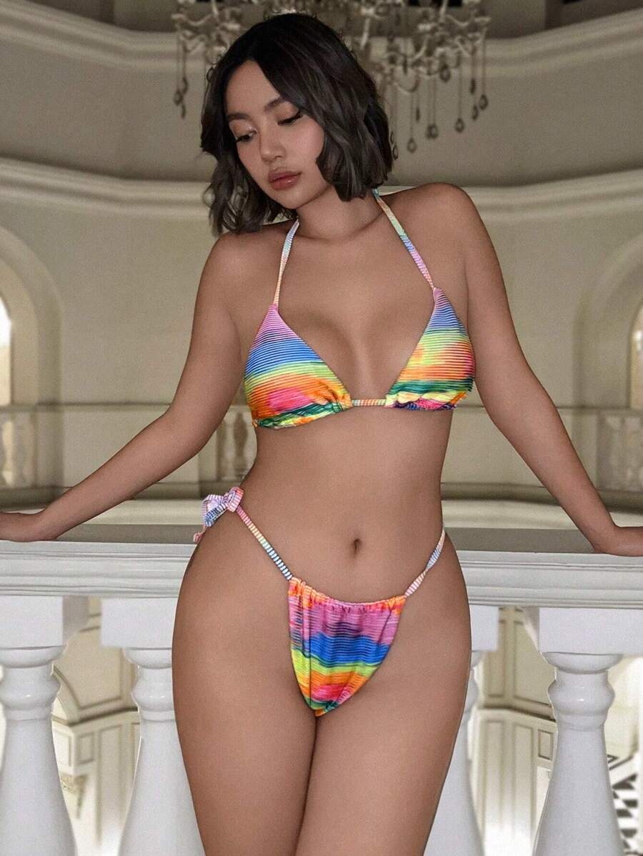 SHEIN Swim 女士撞色露背系带比基尼套装夏季海滩 - 彩色 - 查看 1