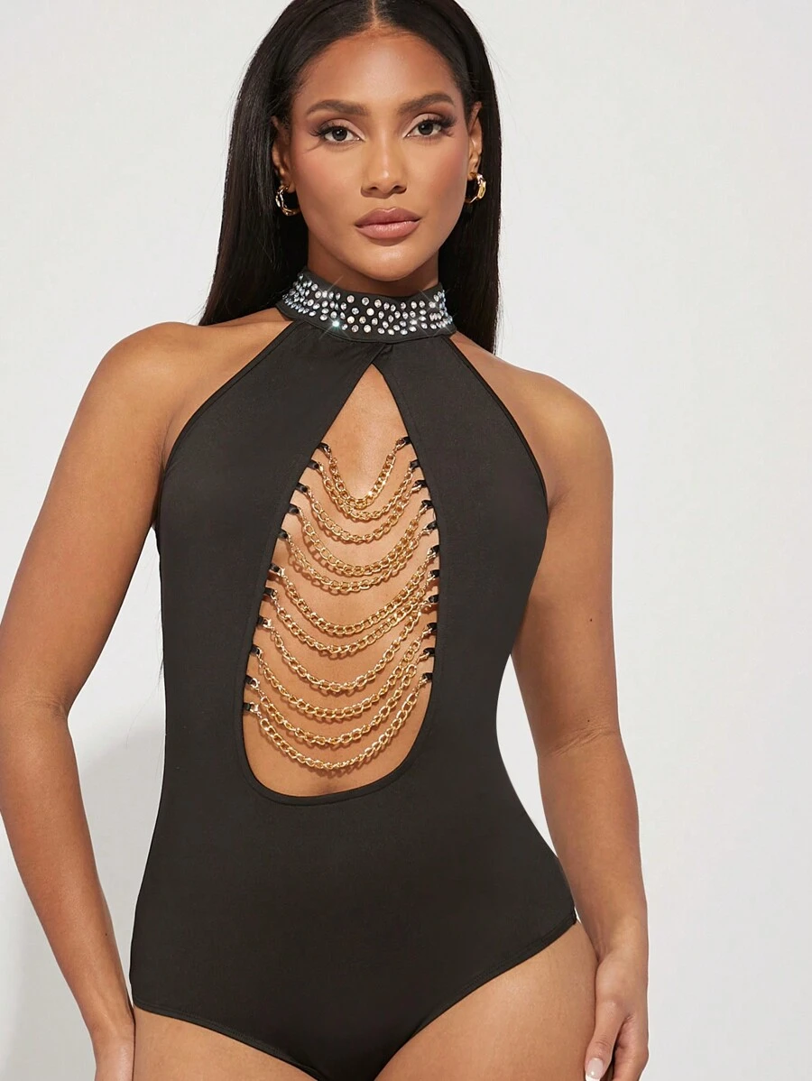 Hauture Fashionable & Sexy Hollow-Out Rhinestone Decor Halter Bodysuit - Black - View 1