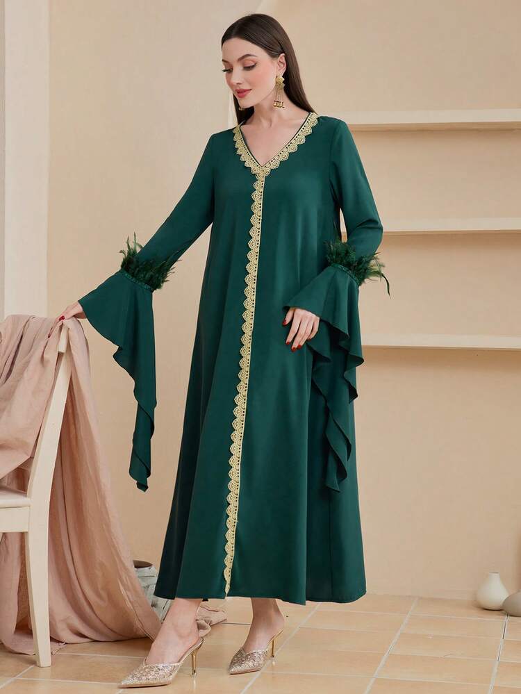 Embroidered Patchwork Fuzzy Decorated Flared Sleeve Dress