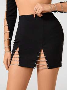 Woman in the Clouds Diamond Chain & Split Hem & Bodycon Skirt - Black - View 1