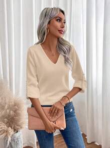 SHEIN LUNE 女款 V 領捲袖 T 卹 - 駝色 - 查看 5