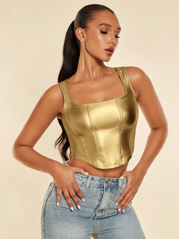 SHEIN BAE Solid Color Pu Leather Tank Top For Summer