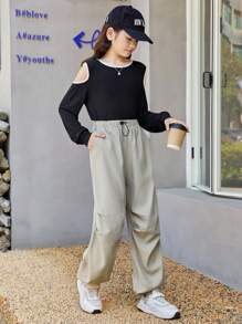 SHEIN Tween 女孩針織色塊圓領休閒上衣和梭織純色抽繩慢跑褲 2 件套 - 黑色 - 查看 6