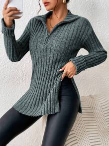 SHEIN Frenchy Half-Zip Split Side Sweater With Side Slit - Dark Green - View 1
