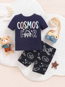 SHEIN Baby Jungen Enger Sitz Mit Cartoon Bedrucktem T-shirt Kurzärmlig Und Kurze Hose Set Mit Rundhals