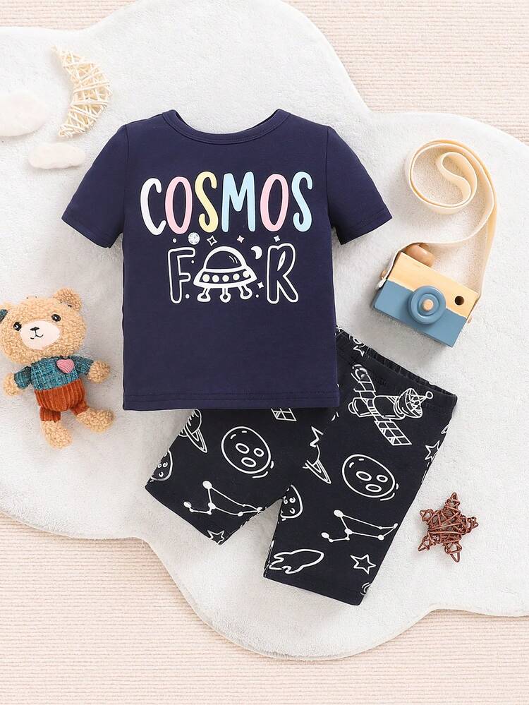 Baby Boy Snug Fit Cartoon Printed Short Sleeve T-Shirt And Shorts Set With Round Neck