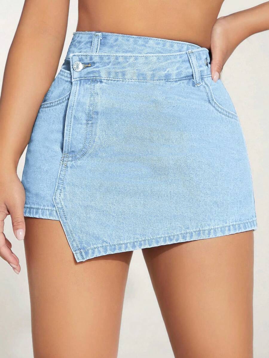 女式休闲不对称下摆牛仔短裙裤，带口袋 - 淺色水洗藍 - 查看 1