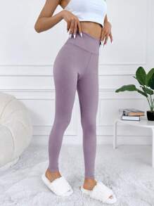 EURMUSE Solid Wideband Waist Leggings - Pink - View 4