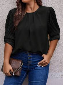 Celure Textured Jacquard Round Neck Gathered Plus Size Pullover Shirt Fall Cloth For Women