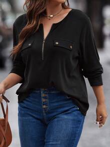 SHEIN LUNE 1 件大尺碼女拉鍊半門襟翻蓋細節 T 卹 - 黑色 - 查看 6