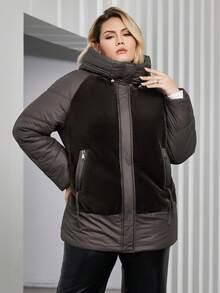 Astrid Plus Size Color Block Raglan Sleeve Hooded Padded Coat For Winter - Brown - View 1
