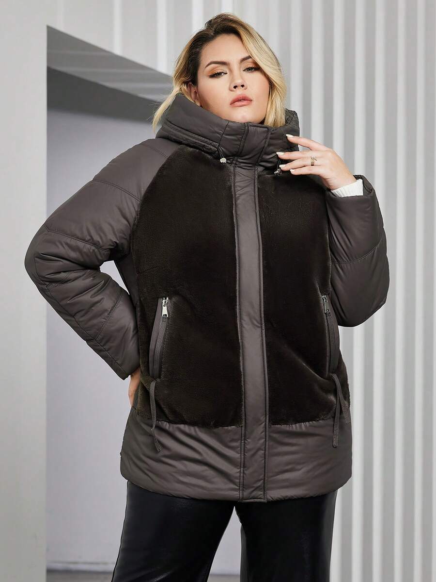 Astrid Plus Size Color Block Raglan Sleeve Hooded Padded Coat For Winter - Brown - View 1