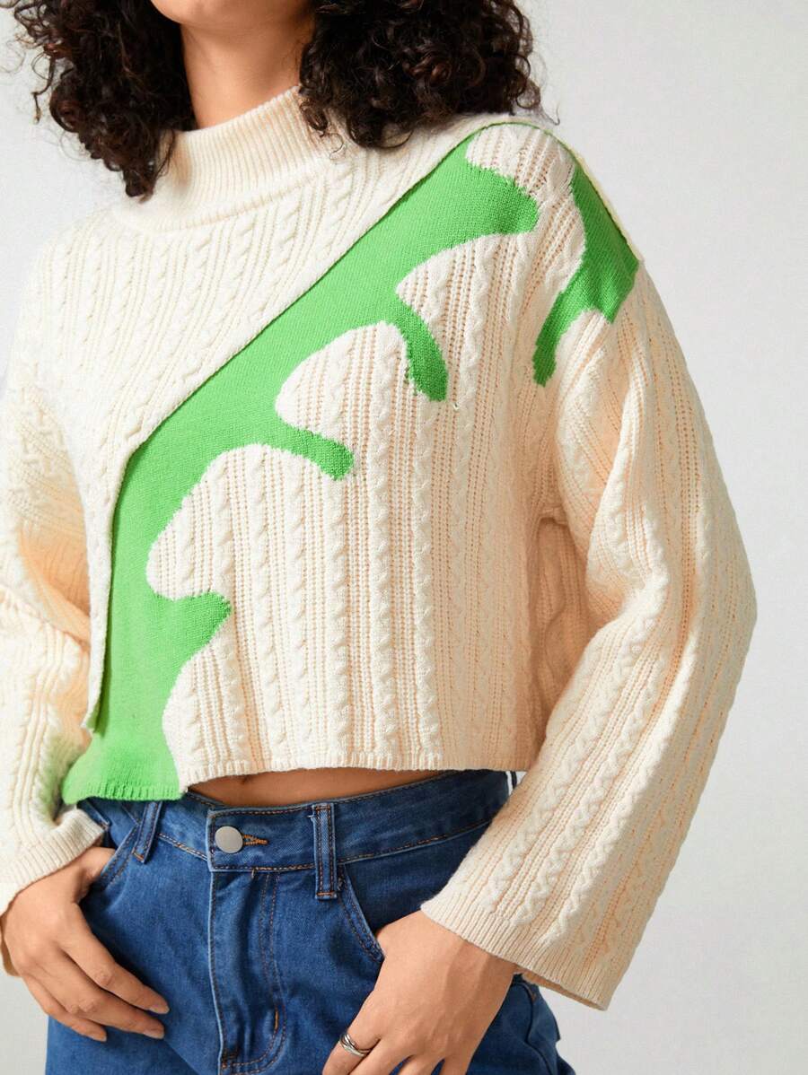 Bowen Tang Women Contrast Color Stand Collar Drop Shoulder Sweater