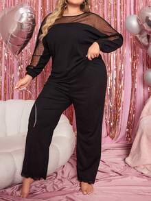 Conjunto De Pijama De Talla Grande Con Tapa De Manga Larga Y Pantalones Con Panel De Malla - Negro - Ver 4