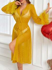 女性花織孔雀紗睡衣,配襯荷葉邊袖子 - 黃色 - 查看 5