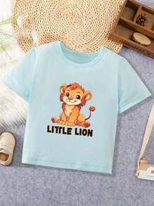 嬰兒男童印花短袖t恤,卡通獅子和字母印花 - 藍色 - 查看 1