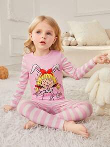 少女卡通印花條紋長袖上衣和條紋印花長褲家居服套裝 - 粉色 - 查看 6