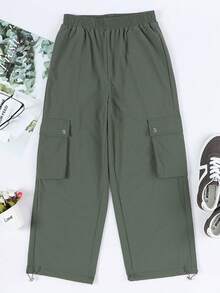Astylish Solid Elastic Waist Ankle Drawstring Pocket Cargo Pants - Green - View 5