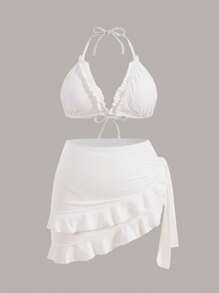 Swim Mod Summer Beach Women's Plus Size White Halter Neck, Spaghetti Strap, Lace Trim Bikini Set 3 Pieces Set