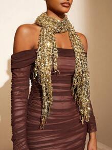 SHEIN SXY Golden Sparkle Fringe Scarf Party,School - Gold - View 3