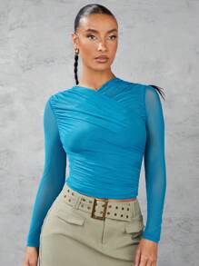 SHEIN BAE 女士純色交叉網眼褶皺長袖上衣 - 水鴨藍 - 查看 1