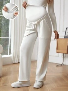 SHEIN Maternity Beige High Waisted Straight Leg Pants - Beige - View 1